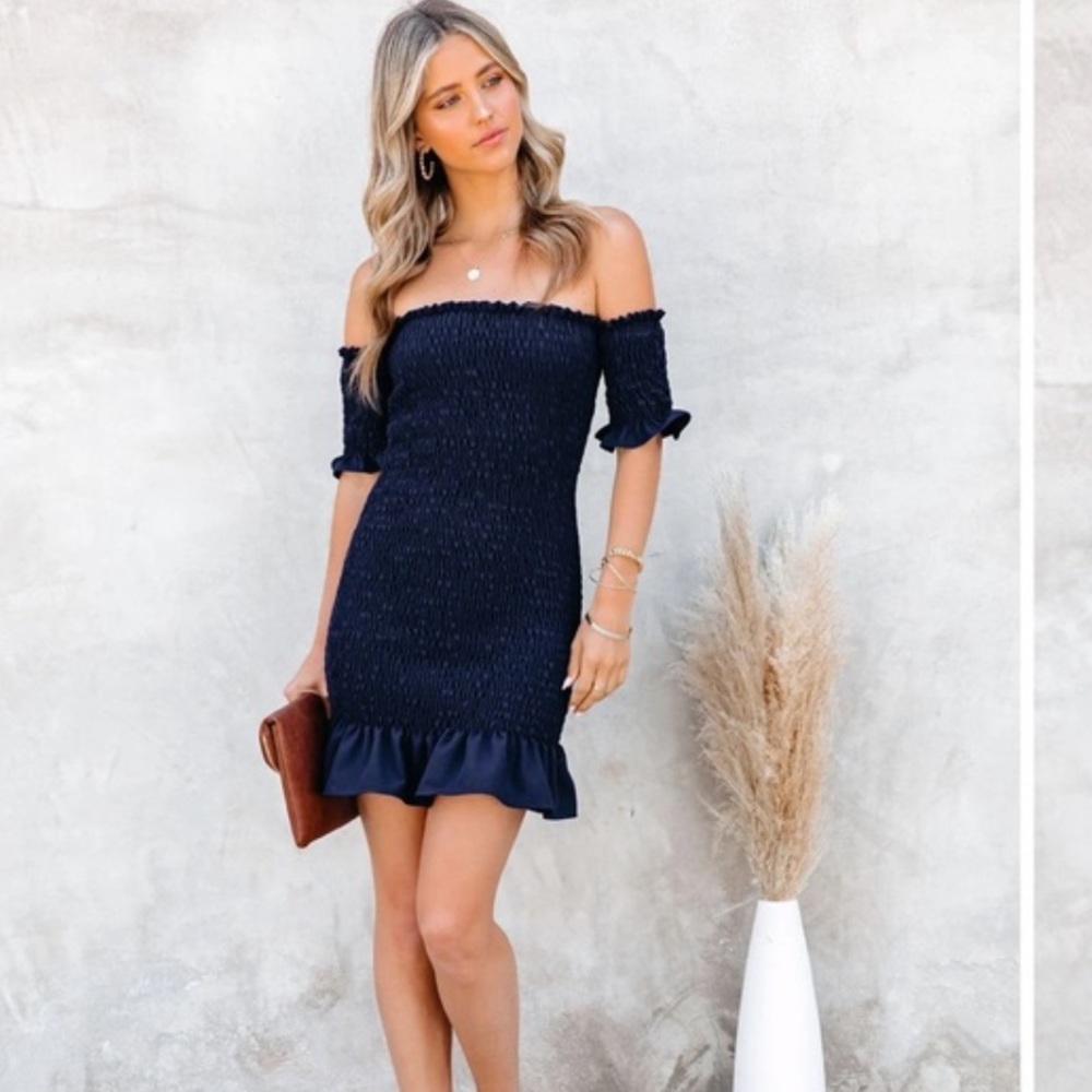 Vici Navy Smocked Off The Shoulder Dress